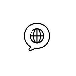 News Icon with a globe in the center of a speech text bubble.