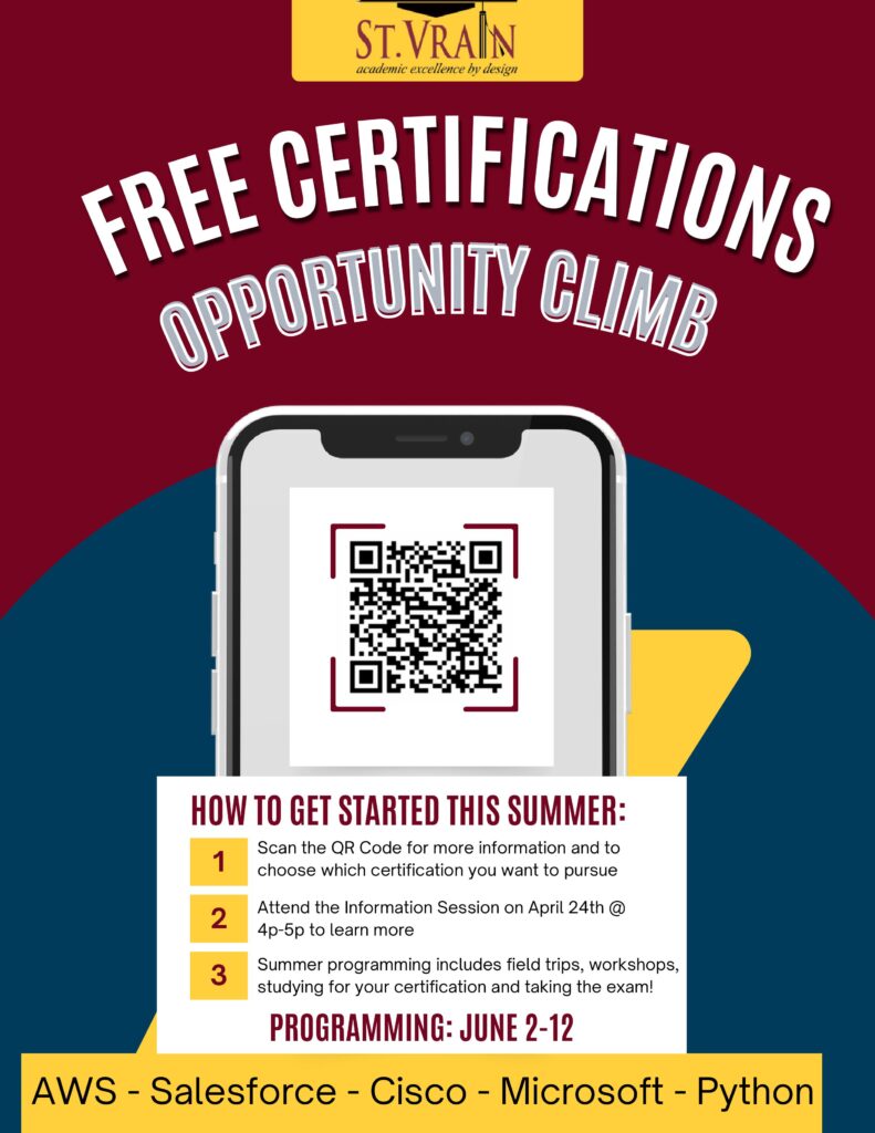 Image promoting free certifications from St. Vrain, featuring a smartphone with a QR code, session details, and program dates.