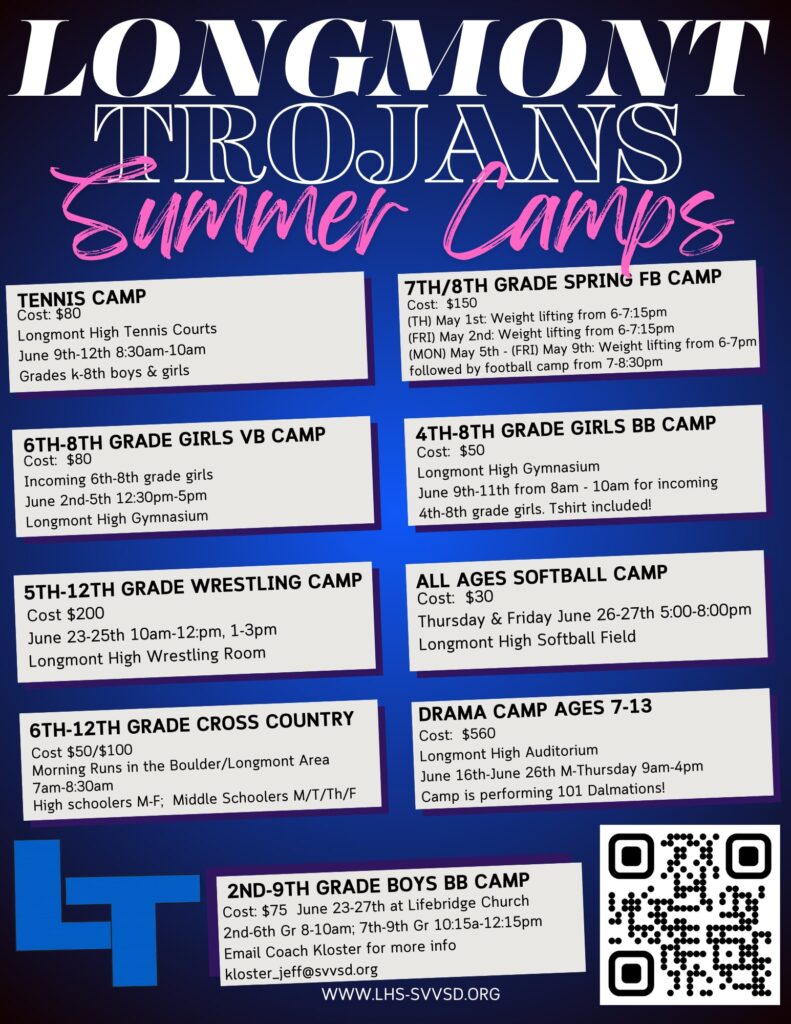 Promotional flyer for Longmont Trojans summer camps, detailing costs, locations, and schedules for various sports and drama camps.