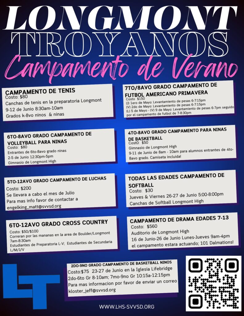 Summer camp flyer for Longmont Troyanos, listing activities, costs, dates, and contact info for registration.