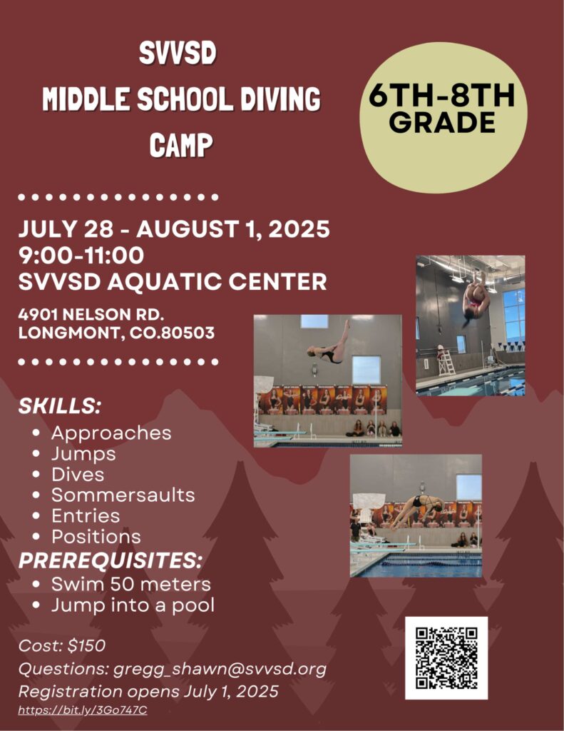 Middle school diving camp details including dates, location, skills, prerequisites, and cost.