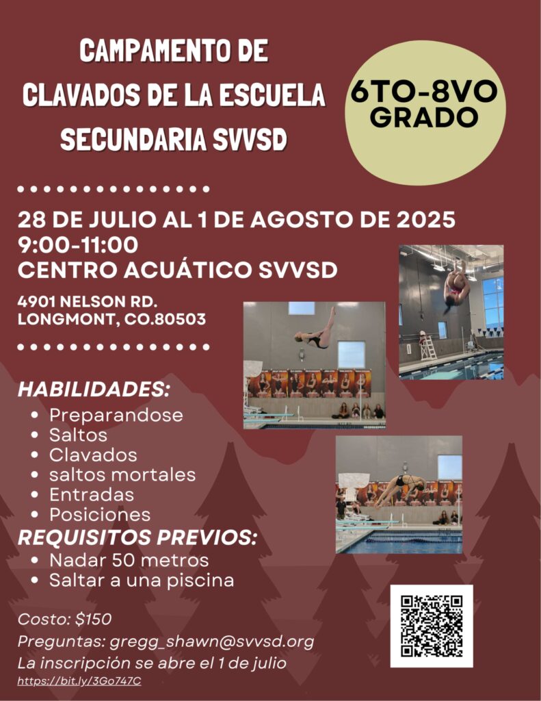 Flyer for SVVSD Diving Camp, July 28-August 1, 2025, at SVVSD Aquatics, includes skills and requirements details.
