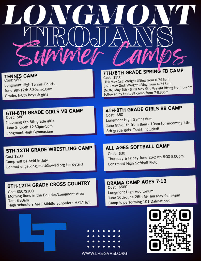 Image of a schedule for Longmont Trojans Summer Camps, listing various sports and drama activities with costs and dates.