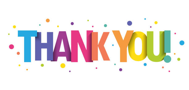 Colorful text saying "THANK YOU!" with confetti dots in the background.