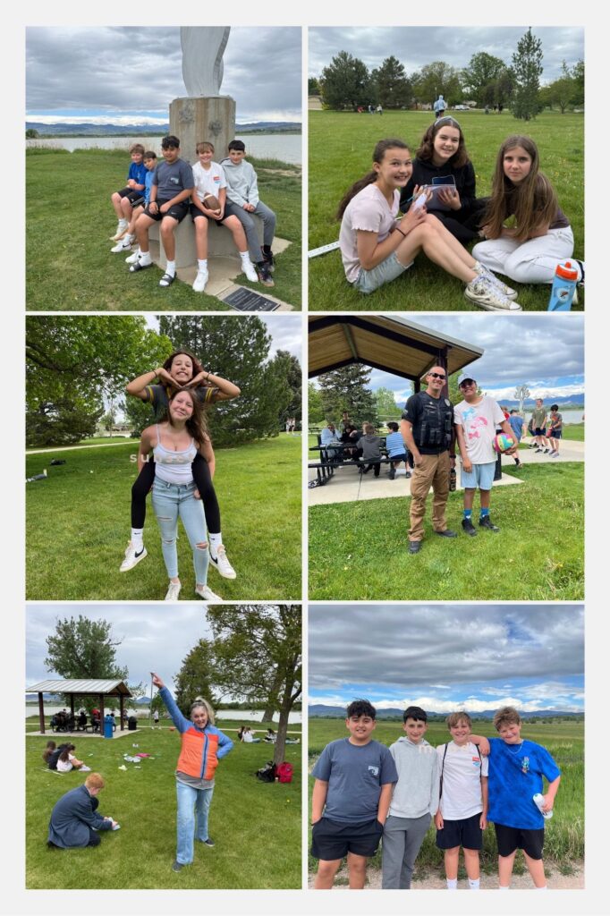 A collage of kids enjoying a park, playing games, sitting on grass, and interacting with an adult in uniform.