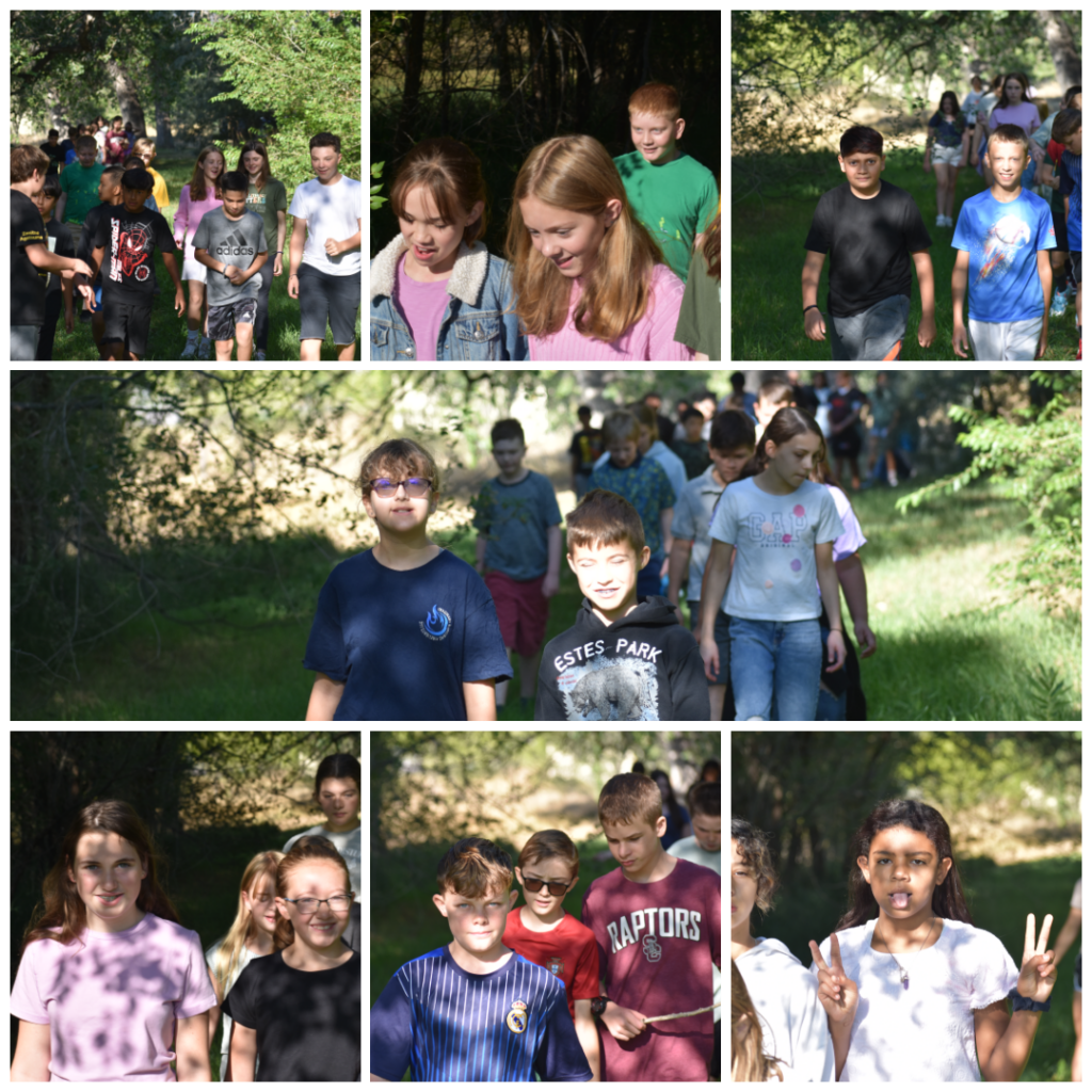 A group of children walking together on a green path surrounded by trees, smiling and enjoying their time outdoors.