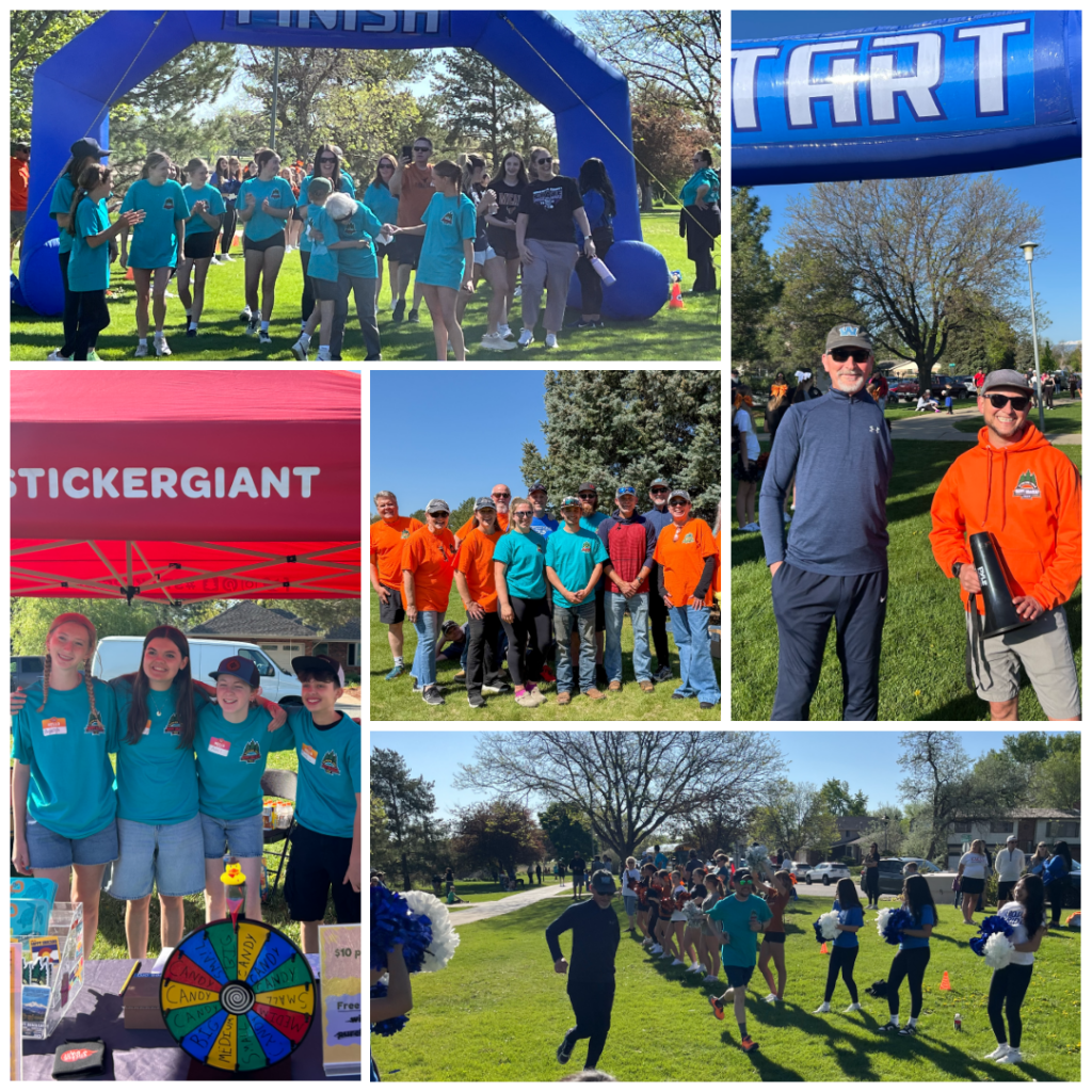 A collage of an event with participants in colorful shirts, a finish line, booths, and runners in a park setting.