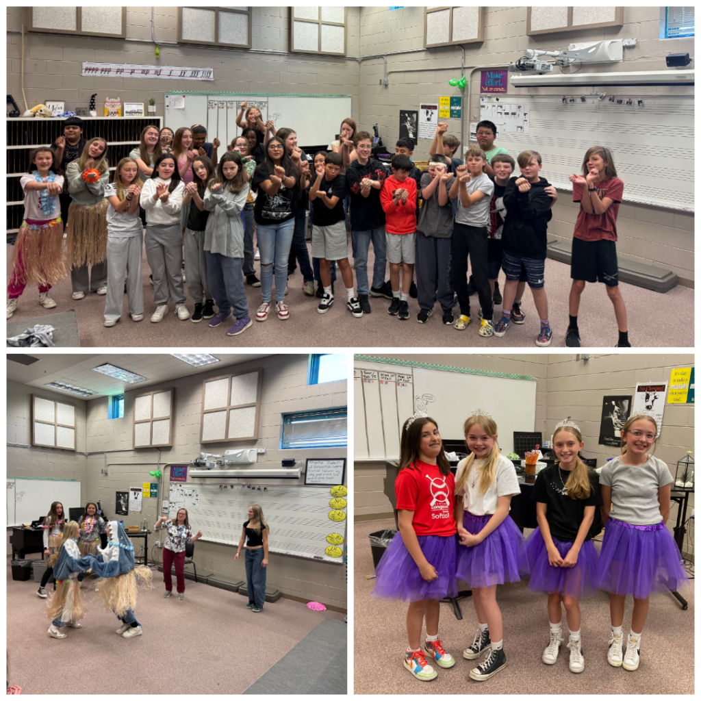 A fun classroom scene with students posing and performing, some in costumes, showcasing creativity and teamwork.