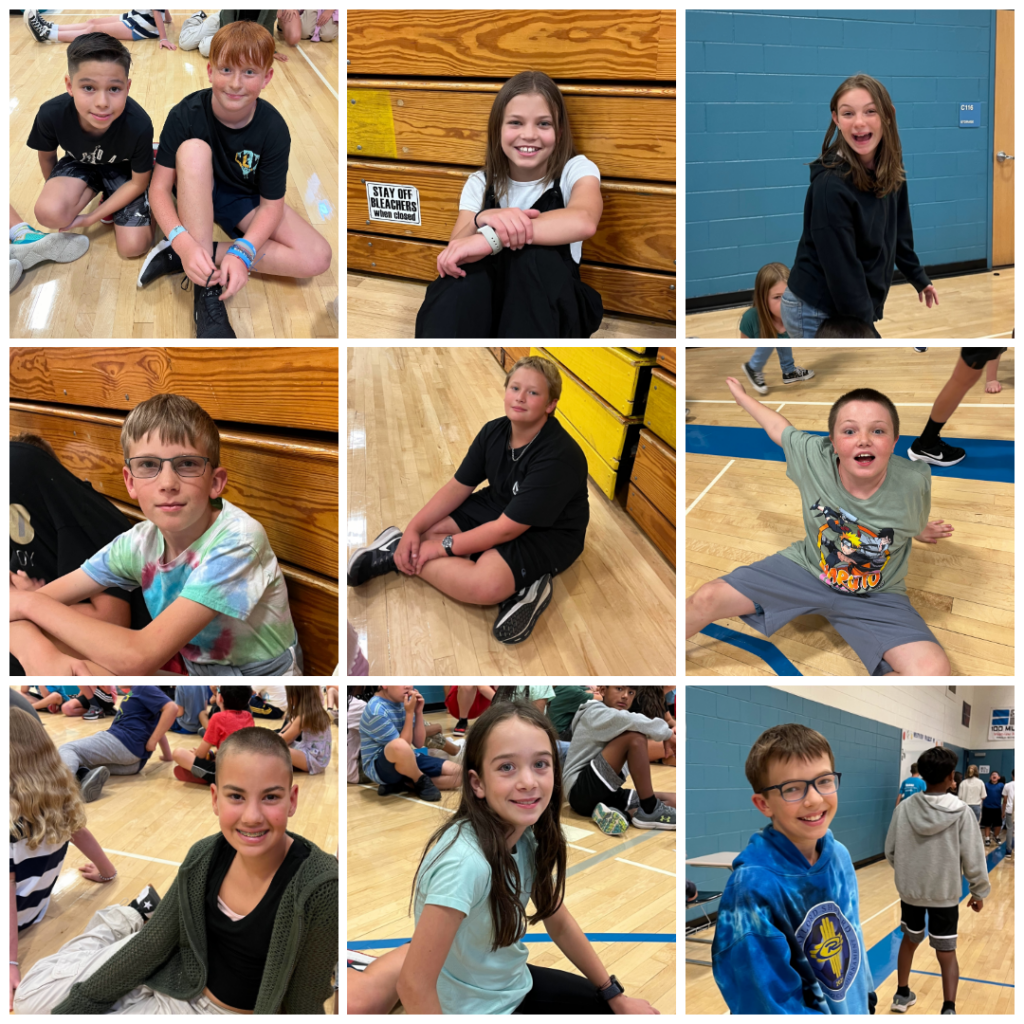A collage of children sitting and posing on a gym floor, some smiling, in a colorful gym setting.
