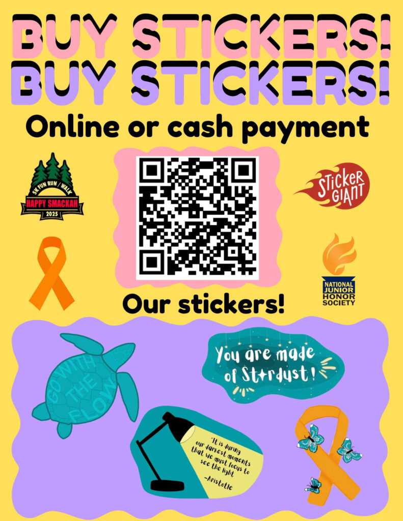 Colorful poster promoting sticker sales, featuring QR code, images of stickers, and text about payment options.