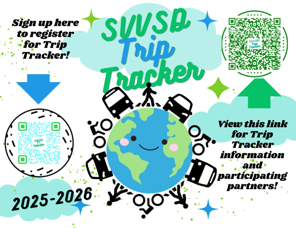 Colorful graphic promoting the SVUSD Trip Tracker registration with QR code, transportation icons, and event details for 2025-2026.