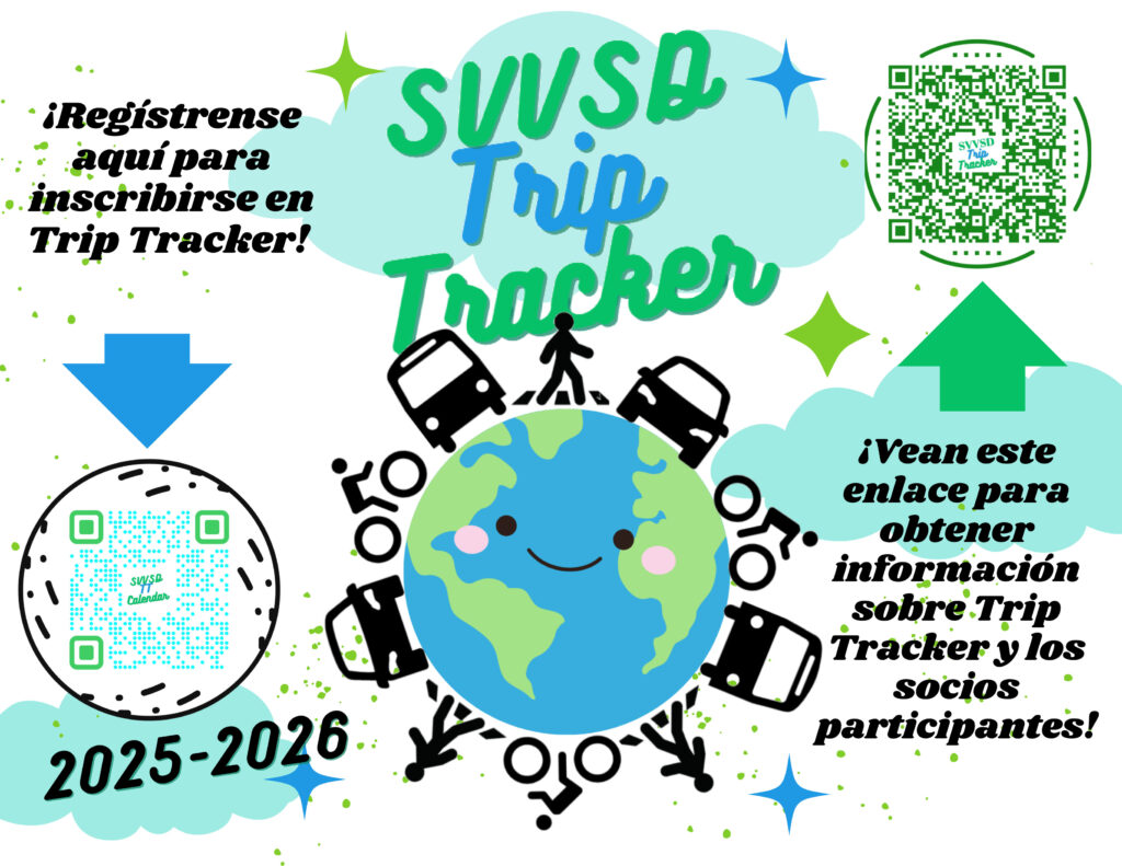 Colorful graphic promoting the SVVSD Trip Tracker with QR codes, registration details, and transportation icons.