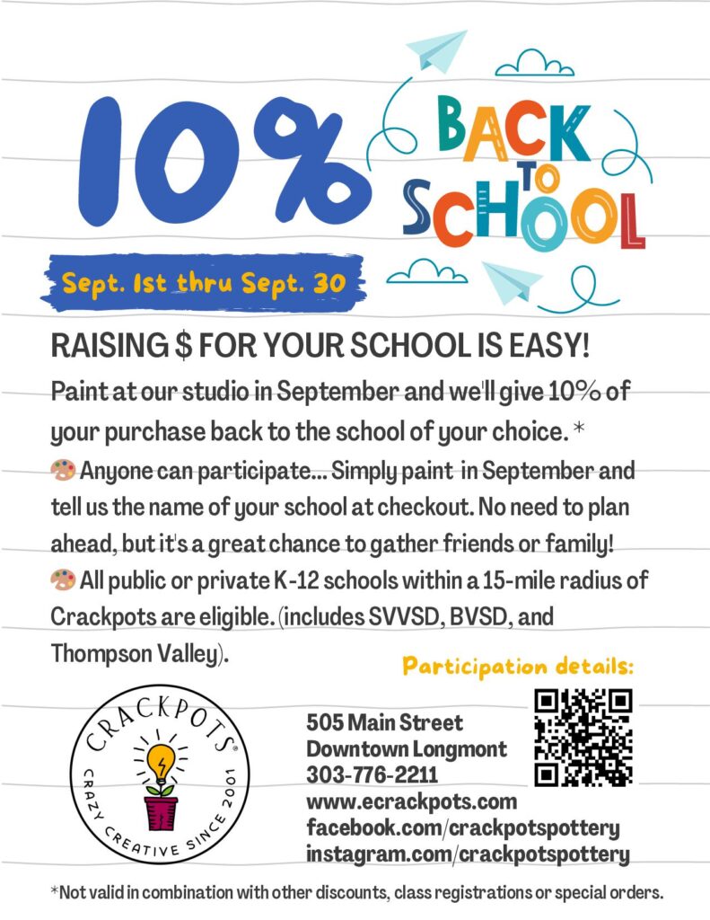 Promotional flyer for Crackpots Pottery offering 10% back to schools for purchases made in September.