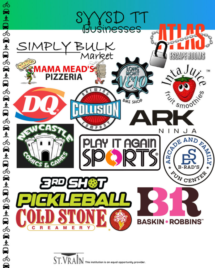 Logo collage of local businesses including pizzerias, ice cream shops, sports centers, and comic stores.