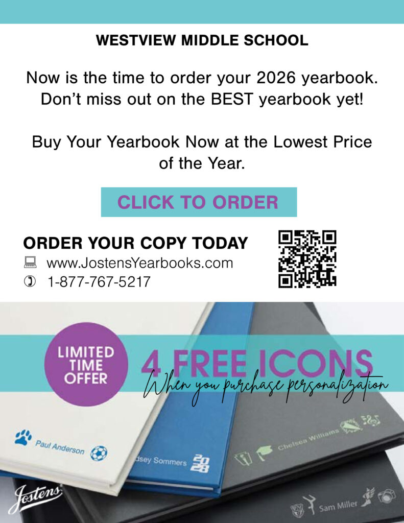 Promotional poster for Westview Middle School's 2026 yearbook, featuring ordering details and a limited-time offer.