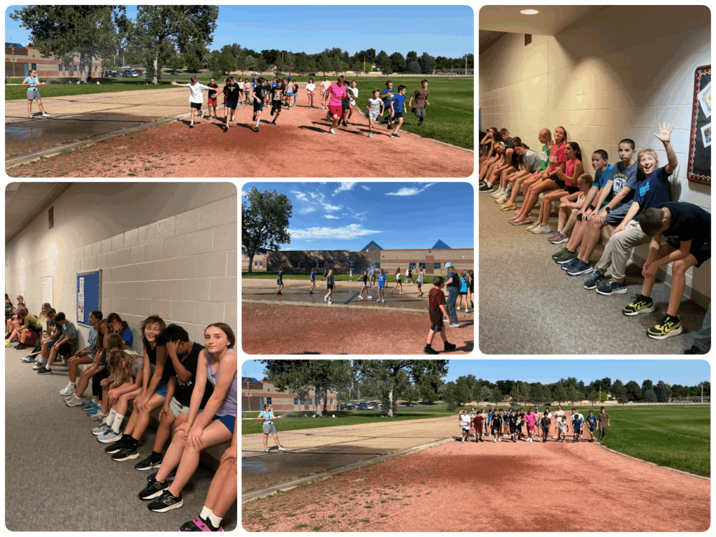 Students participate in outdoor activities, some running on a track, while others rest on benches nearby.