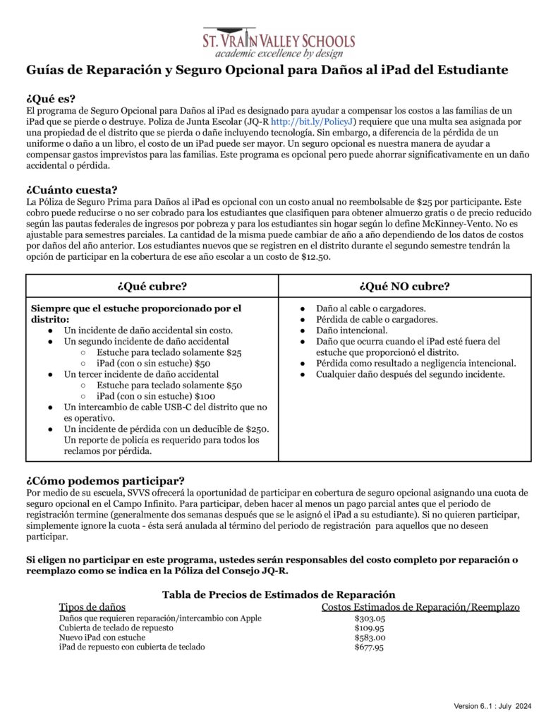 Document outlining optional iPad damage repair insurance for students, including costs, coverage, and participation details.