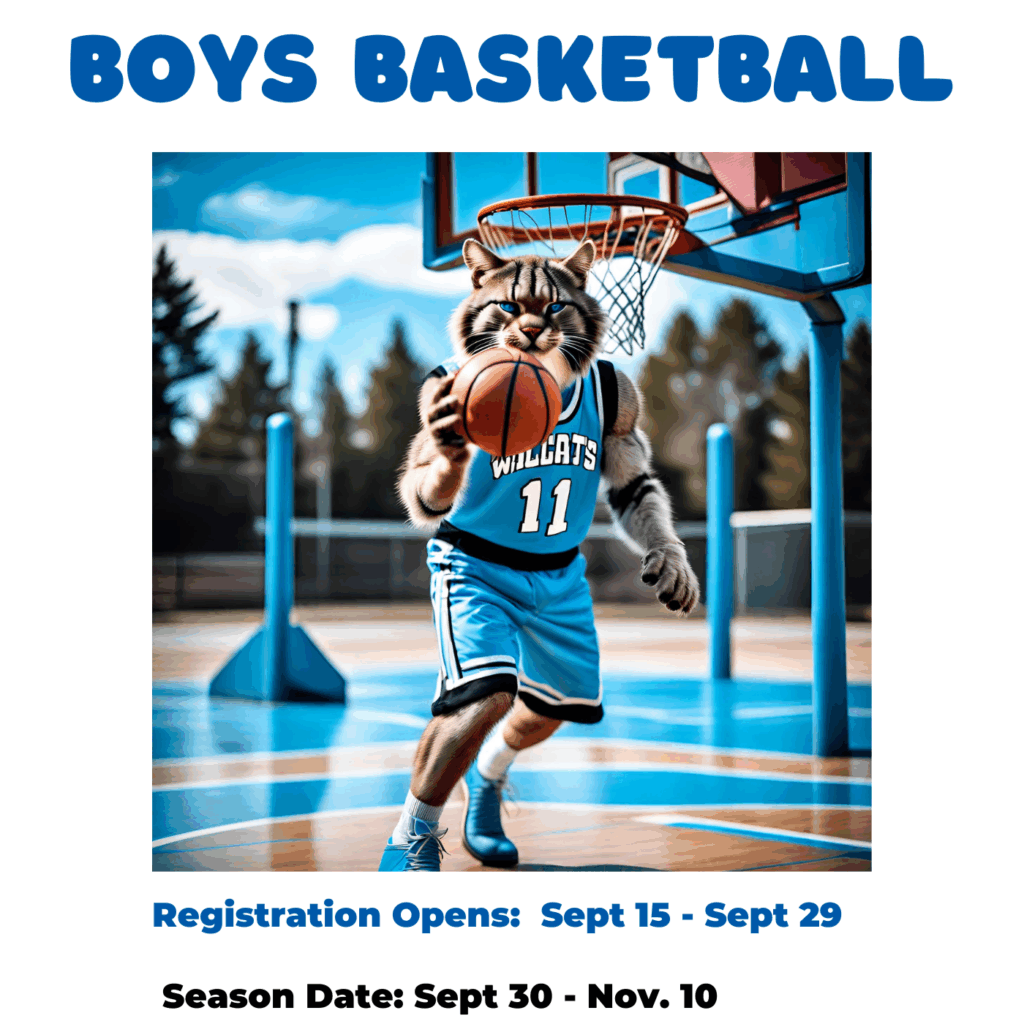 A cartoon tiger in a basketball uniform dribbles a ball on a court, promoting boys' basketball registration.