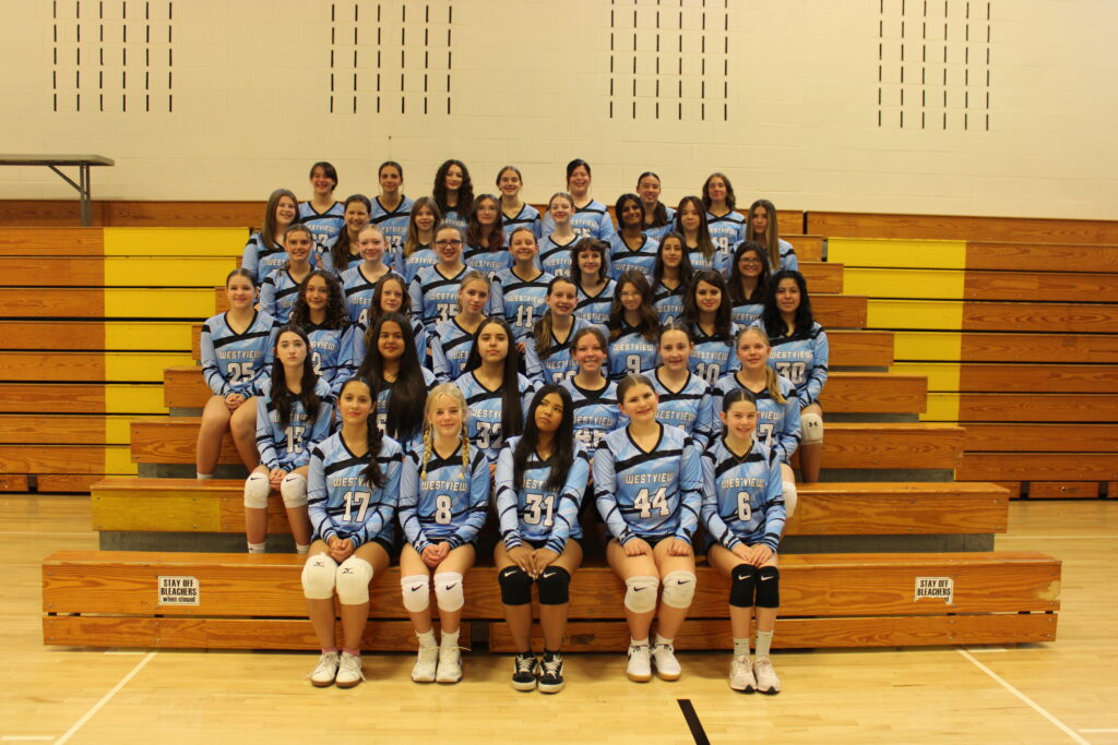 A volleyball team of girls in blue jerseys poses on bleachers, smiling for a team photo in a gymnasium.