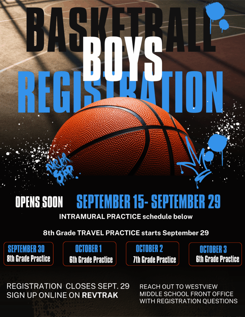 Basketball boys registration details: opens Sept 15, closes Sept 29. Practice dates listed for grades 6-8.