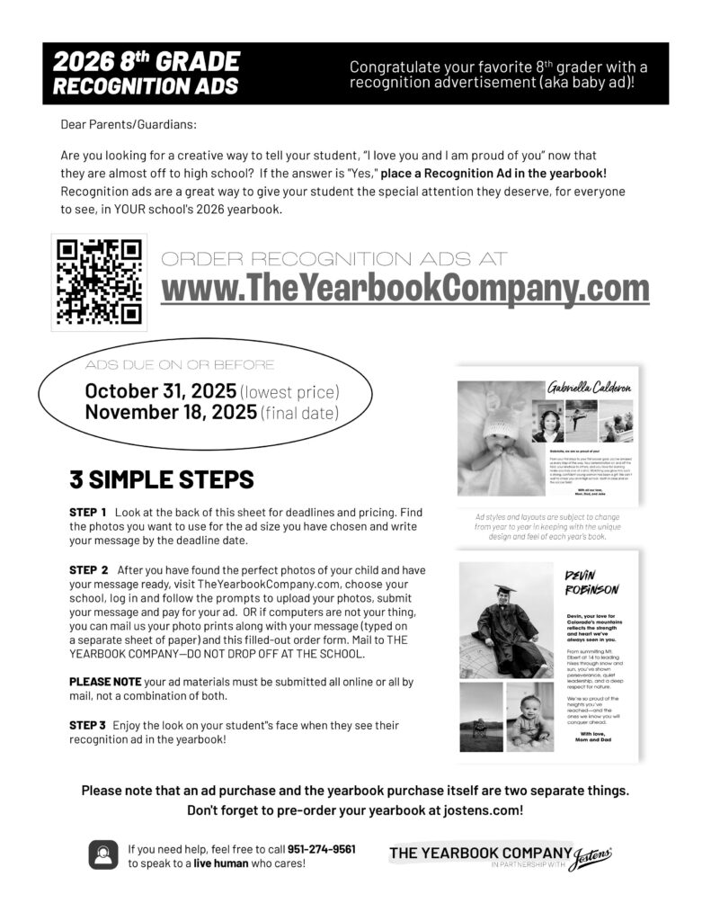 A flyer for 8th grade recognition ads, detailing how to order and deadlines for submissions.