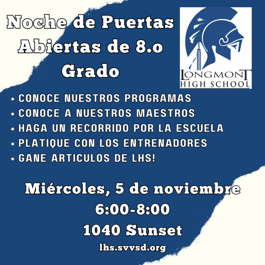 Event announcement for Longmont High School's 8th-grade open house on November 5, from 6:00 to 8:00 PM.