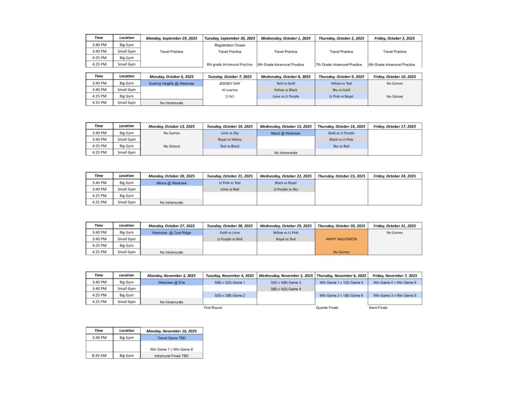 Schedule of events for various dates, including gym locations and game details from September to November 2025.