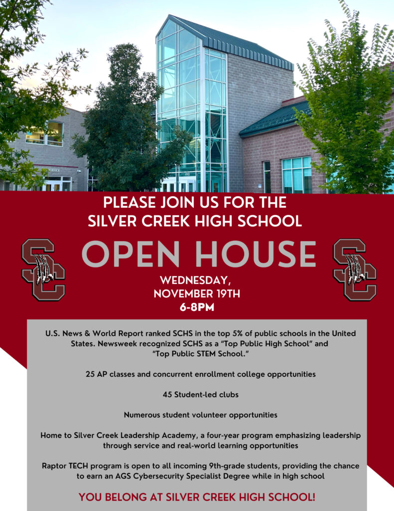 Image of Silver Creek High School's open house invitation with event details and school achievements prominently displayed.