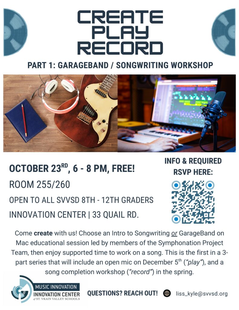 Promotional flyer for a GarageBand songwriting workshop for 8th-12th graders on October 23rd, 6-8 PM, free entry.