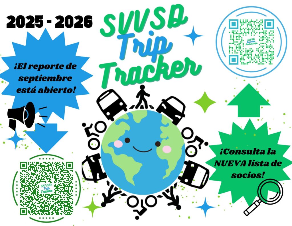 Colorful graphic promoting the SVUSD Trip Tracker for 2025-2026, with QR codes and messages about reporting and partners.