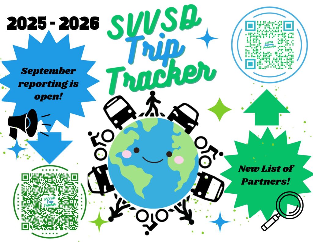 Colorful graphic announcing the SVUSD Trip Tracker for 2025-2026, highlighting open reporting and a new partners list.