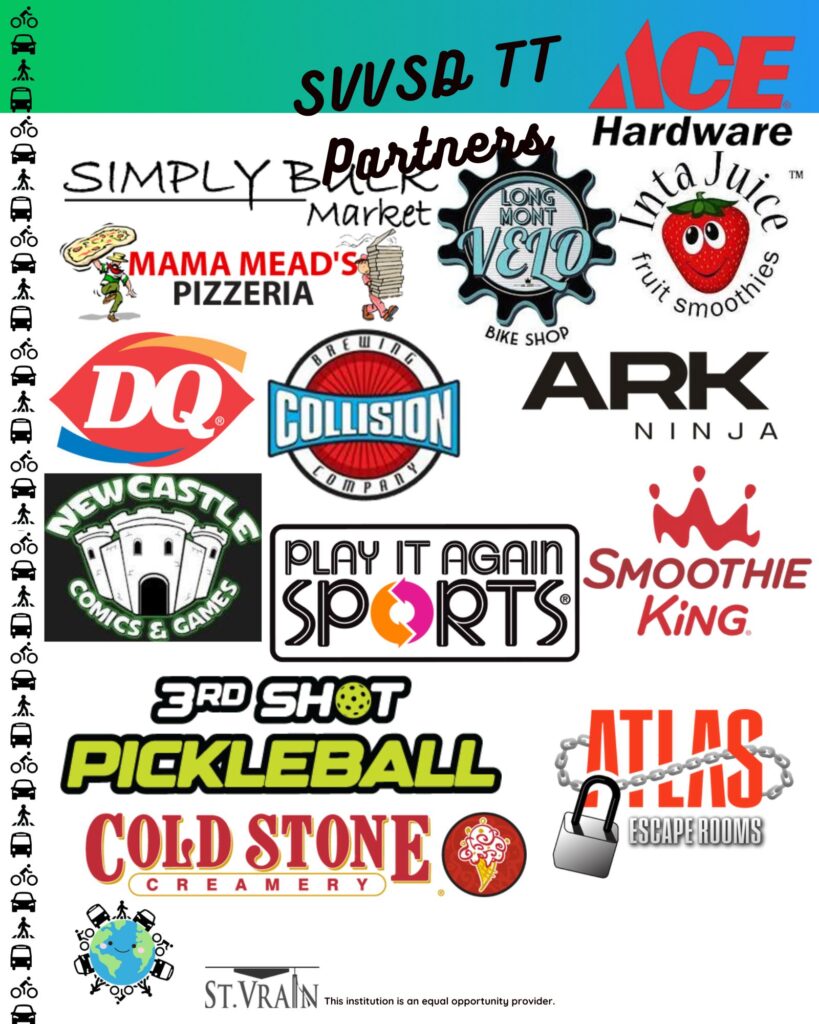 Logos of local businesses and partners for SVVSD TT, including pizzerias, sports shops, and smoothie bars.