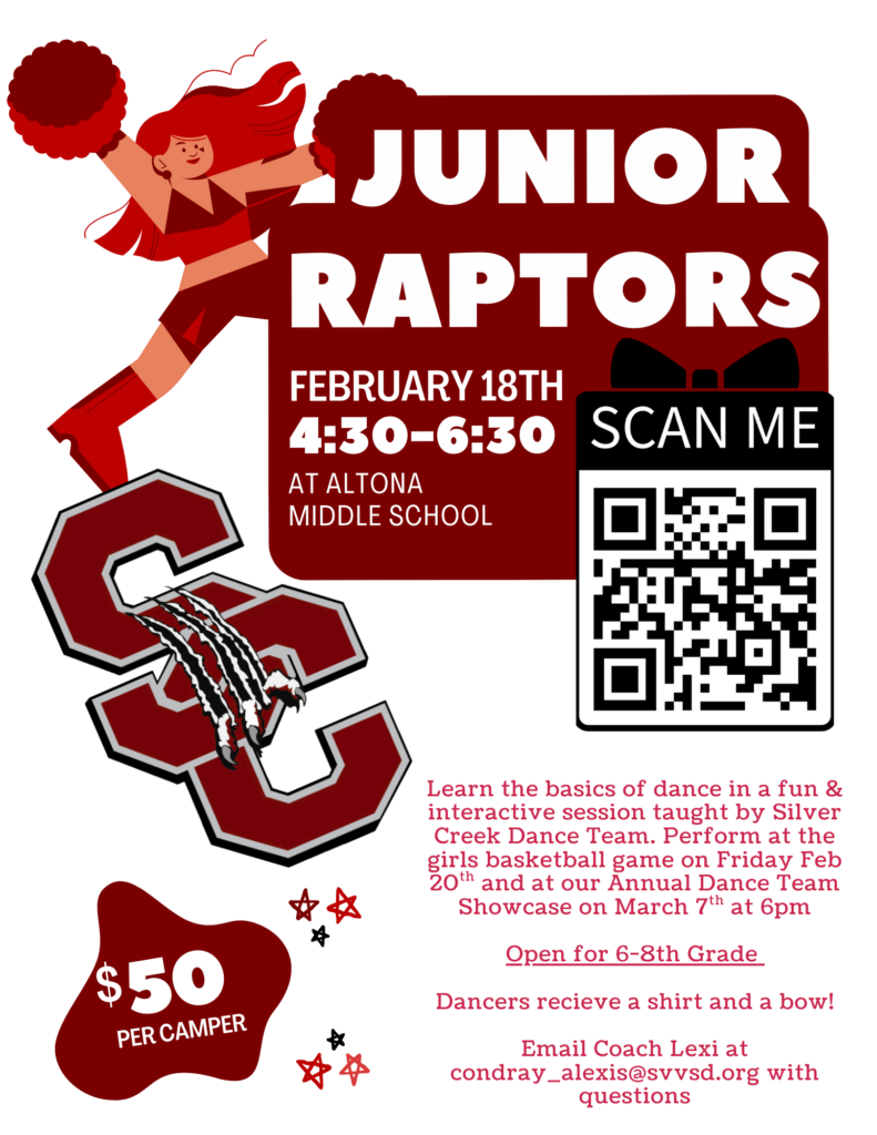 Junior Raptors dance event on Feb 18, 4:30-6:30 PM at Altona Middle School. Open for grades 6-8, $50 per camper.