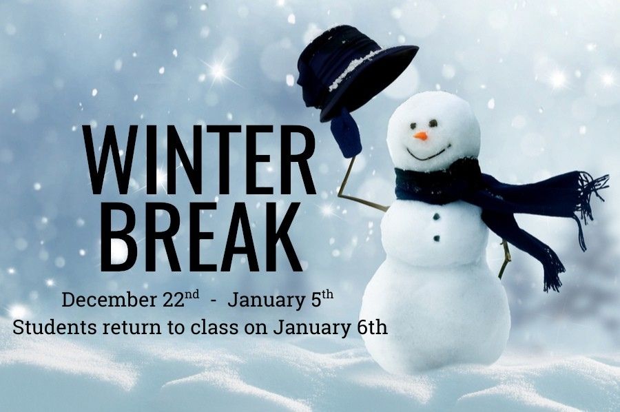 A cheerful snowman with a hat and scarf waves, announcing winter break from December 22 to January 5.