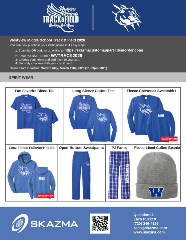 Image of a flyer for Westview Middle School Track & Field 2026 spirit wear, detailing items and purchase instructions.