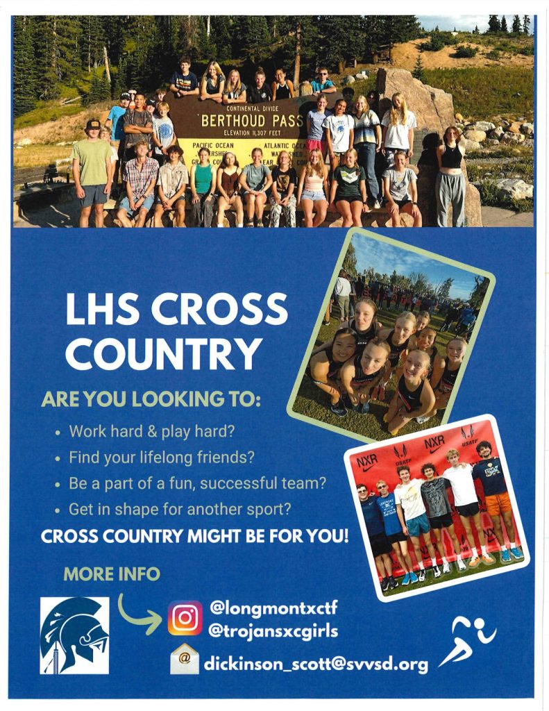 Group photo of LHS Cross Country team at Berthoud Pass, with promotional text about joining the team and contact info.