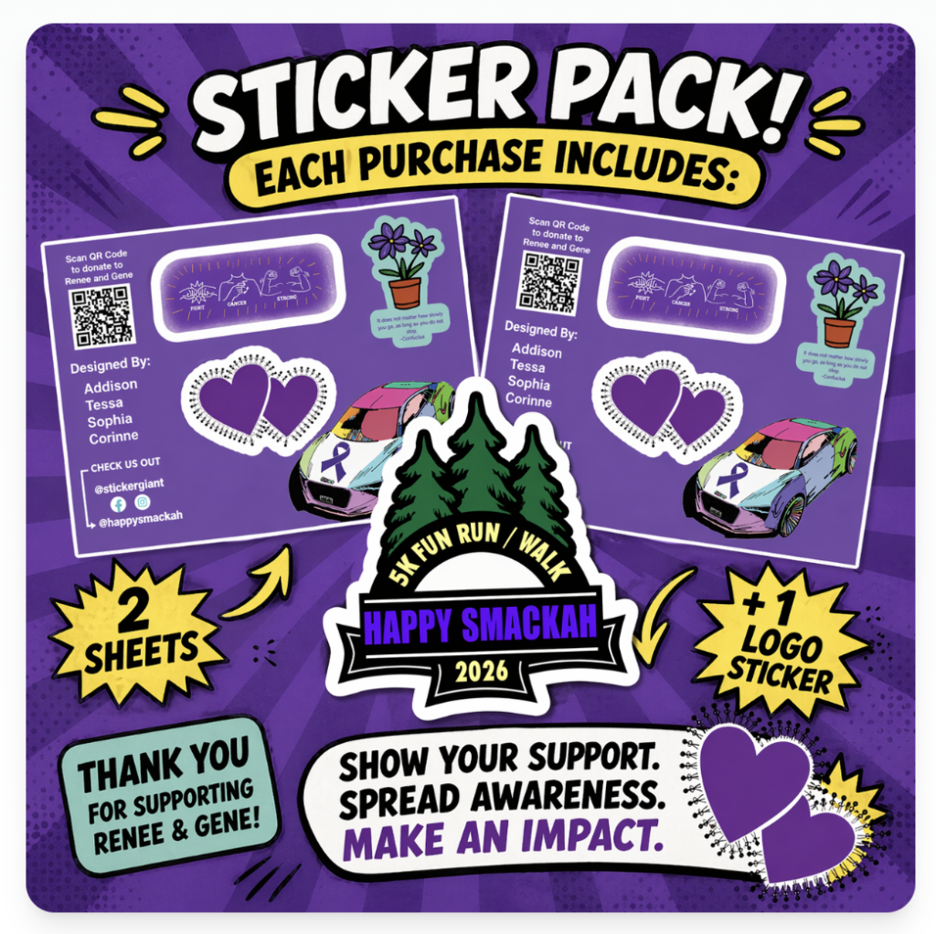 Sticker pack advertisement featuring two sheets of stickers, a logo sticker, and QR codes for donations.