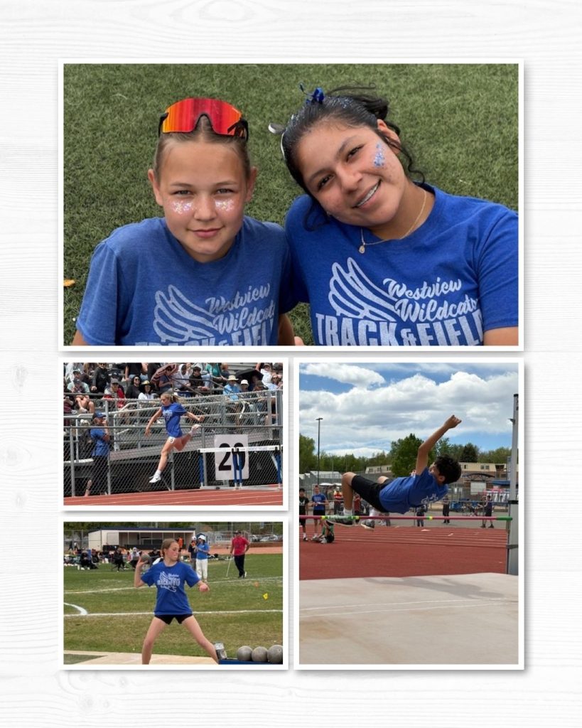 A collage of students at a track and field event, showcasing athletes competing and celebrating in blue team shirts.