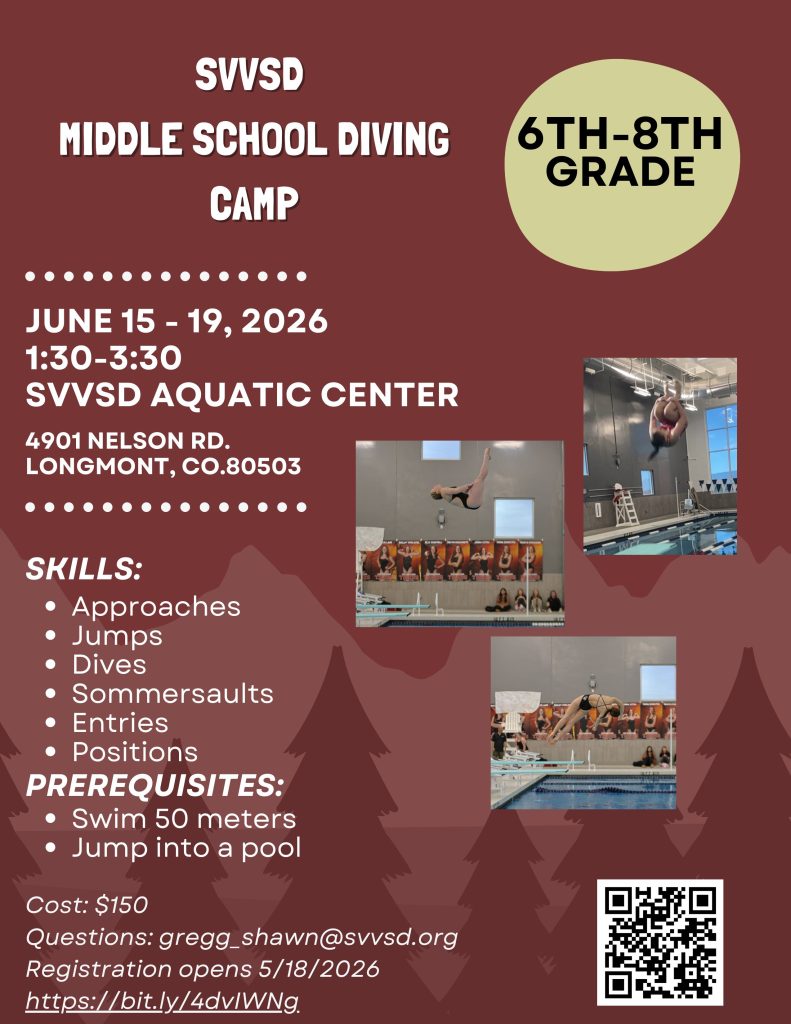 Middle school diving camp details: June 15-19, 2026, at SVVSD Aquatic Center, skills and prerequisites listed.