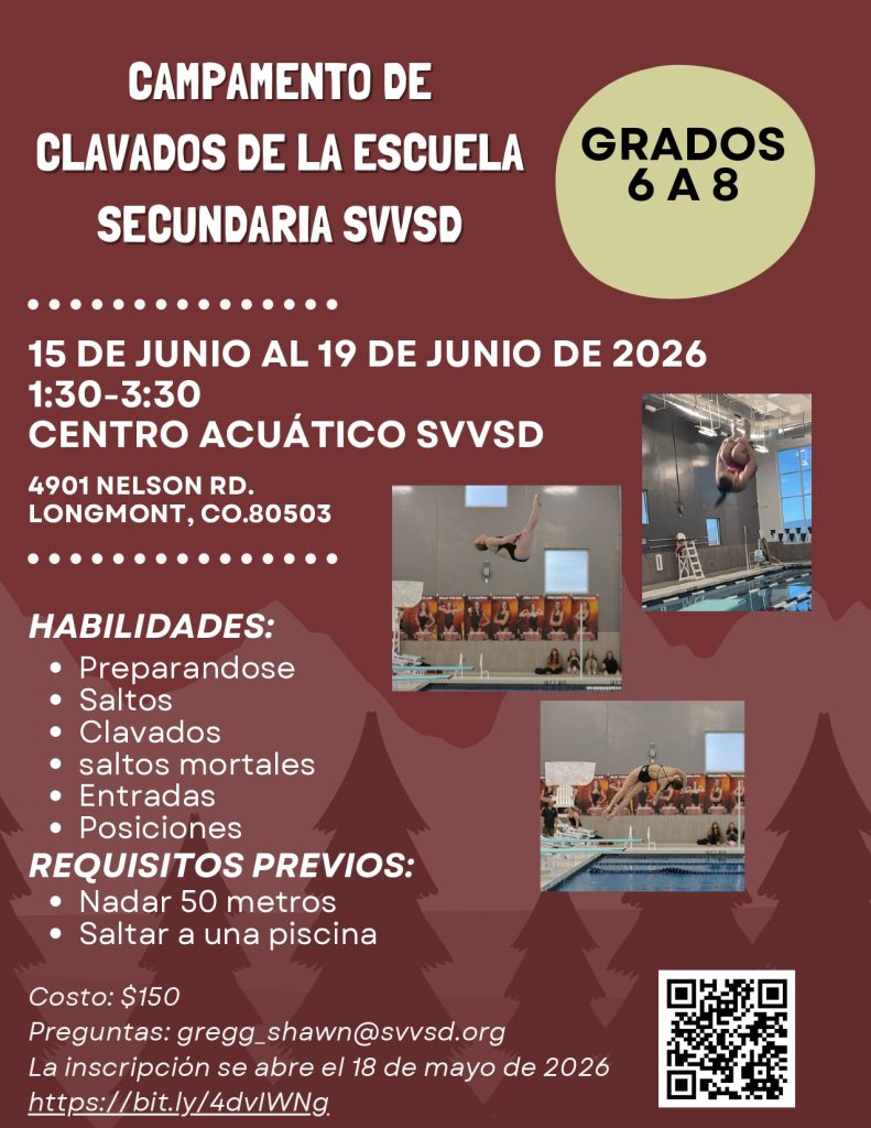 Image of a diving camp flyer for grades 6-8, detailing dates, location, skills, requirements, and contact info.