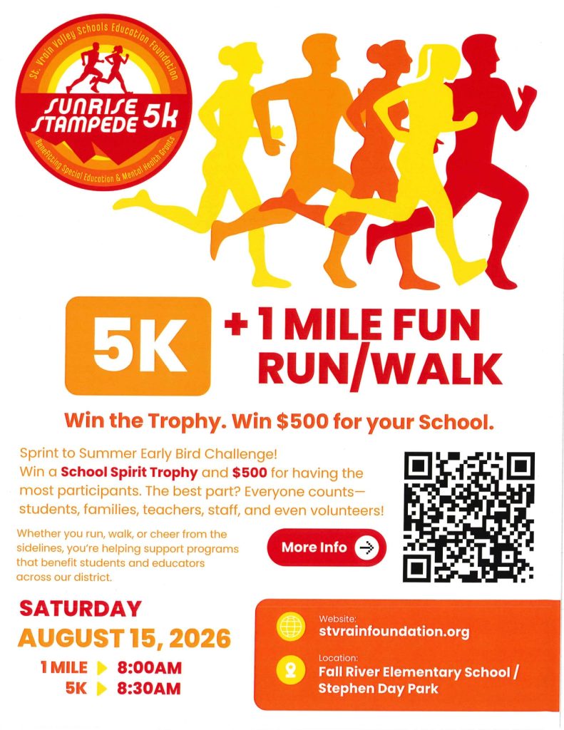 Promotional flyer for the Sunrise Stampede 5K and 1 Mile Fun Run/Walk on August 15, 2026, at Fall River Elementary School.