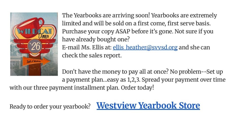 Yearbook announcement with a diner sign, details on ordering, payment plans, and contact information for inquiries.
