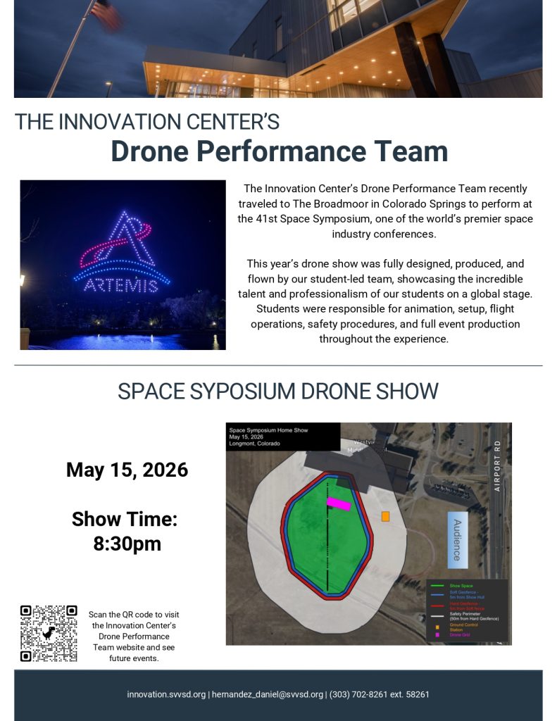 Image of a drone light show with "ARTEMIS" displayed, alongside event details for the Space Symposium in Longmont, CO.