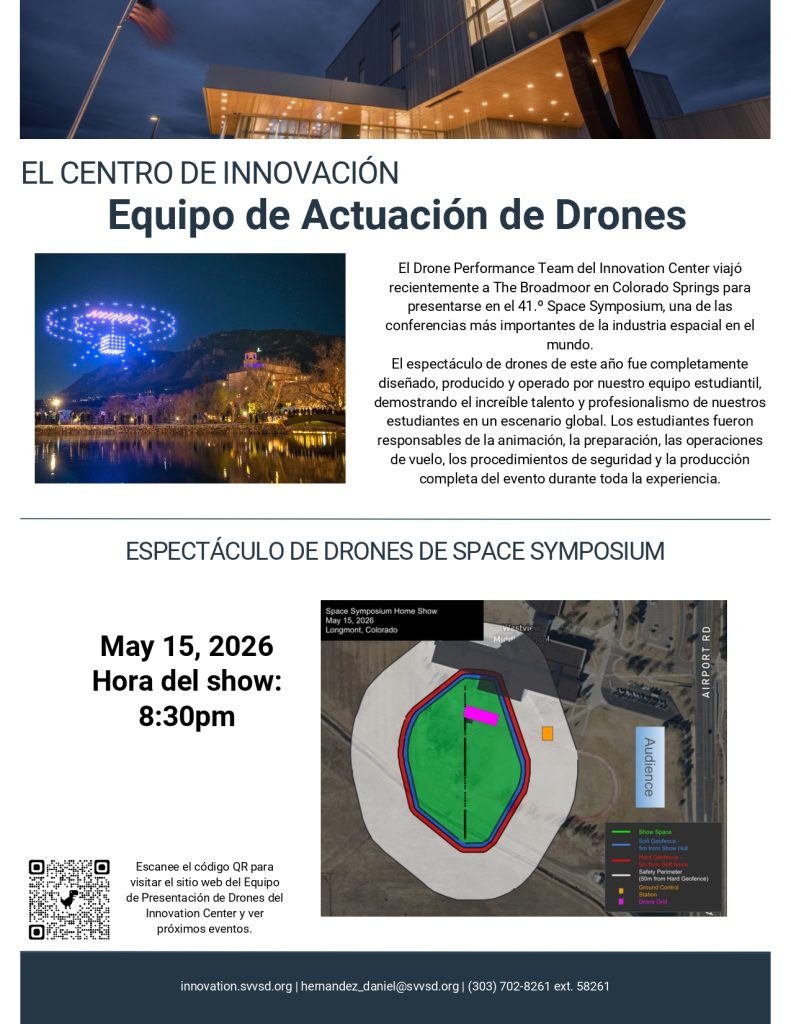 Image depicts a nighttime drone light show over a lake, with a map of the event layout for the Space Symposium.