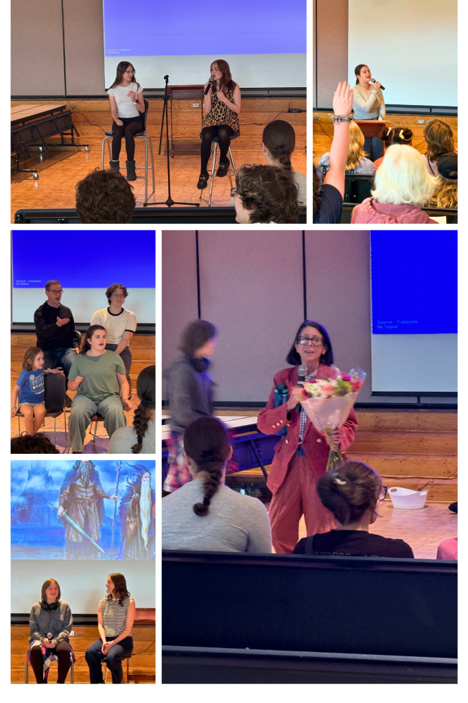 A panel discussion with speakers on stage, audience members engaged, and a woman holding flowers in a lively setting.