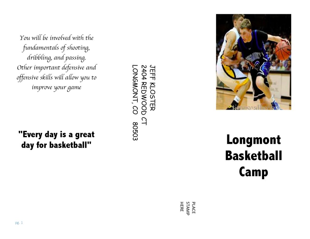 Image of a basketball camp flyer featuring a player dribbling a basketball, with text about skills and contact information.