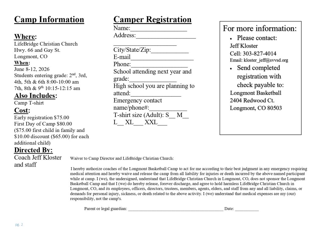 Registration form for Longmont Basketball Camp at LifeBridge Christian Church, June 8-12, 2026, with cost details.