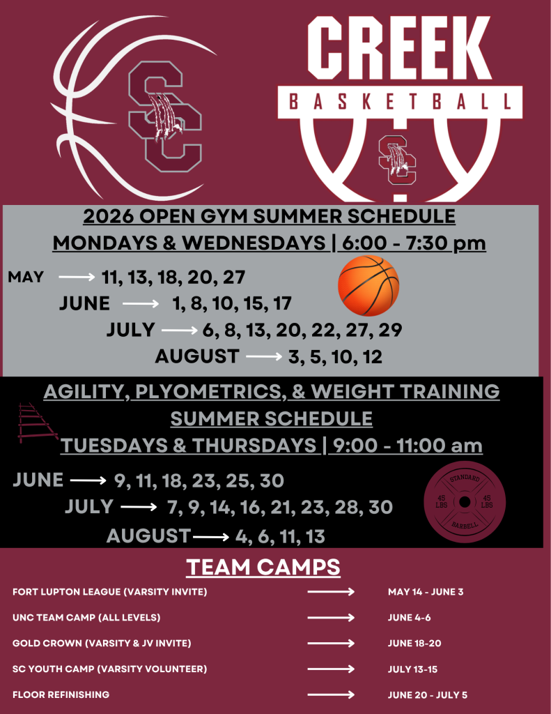 Open gym and training schedules for Creek Basketball, including dates in May, June, July, and August 2026.