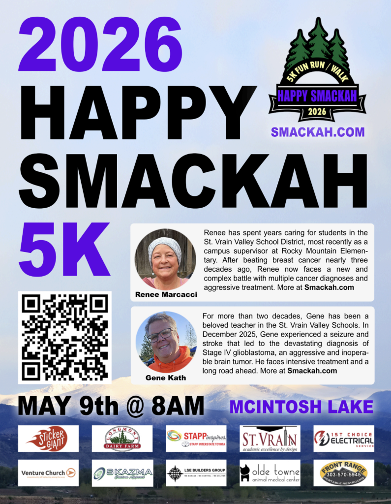 Promotional poster for the 2026 Happy Smackah 5K, featuring event details, QR code, and profiles of Renee Marcacci and Gene Kath.