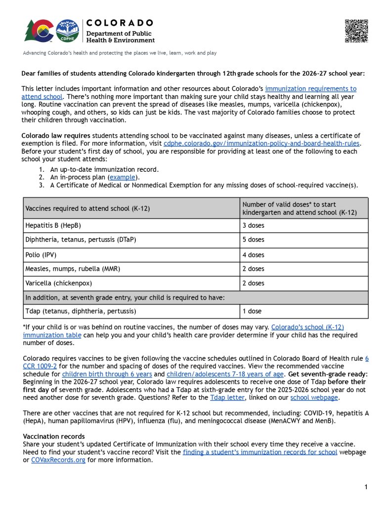 Letter detailing Colorado's vaccination requirements for K-12 students for the 2026-27 school year.